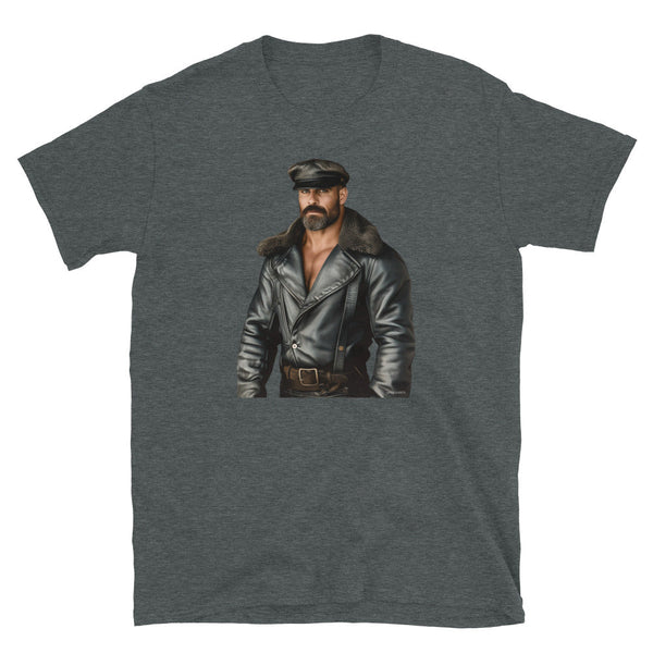 Hot Gay Hunk Moustache Daddy Leather Jacket Gay Pride Vintage Biker graphic on grey shirt.