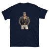 Hot Gay Hunk Moustache Daddy Leather Jacket Gay Pride Vintage Biker graphic tee on navy shirt.