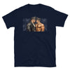 Navy t-shirt featuring two muscular men in leather jackets, gay pride design.
