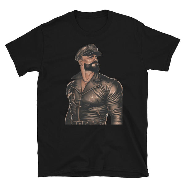 Hot Gay Hunk Moustache Daddy Leather Jacket Gay Pride Vintage Biker design on black t-shirt.