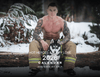 Muscular firefighter in pants with a husky, promoting Hot Heroes & Puppy Love 2026 Calendar.