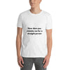 White funny gay shirt reading 'How dare you mistake me for a straight person' worn by male model.
