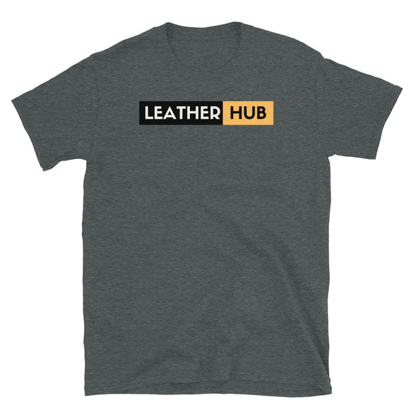 Dark heather gay shirt featuring 'LEATHER HUB' text, great for pride events.
