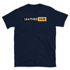 Navy blue gay shirt with 'LEATHER HUB' graphic, representing LGBTQ pride apparel.