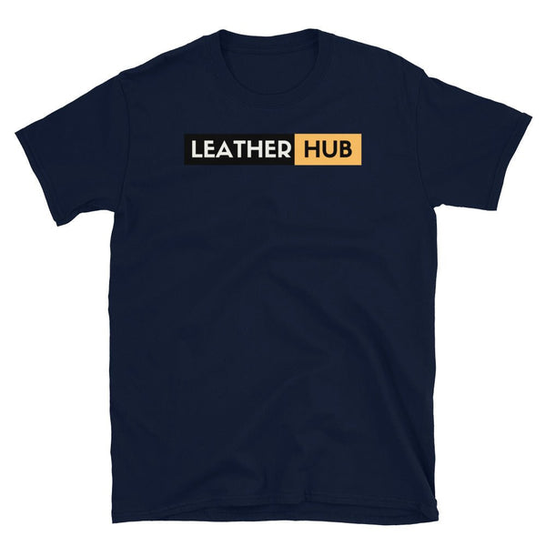 Navy blue gay shirt with 'LEATHER HUB' graphic, representing LGBTQ pride apparel.