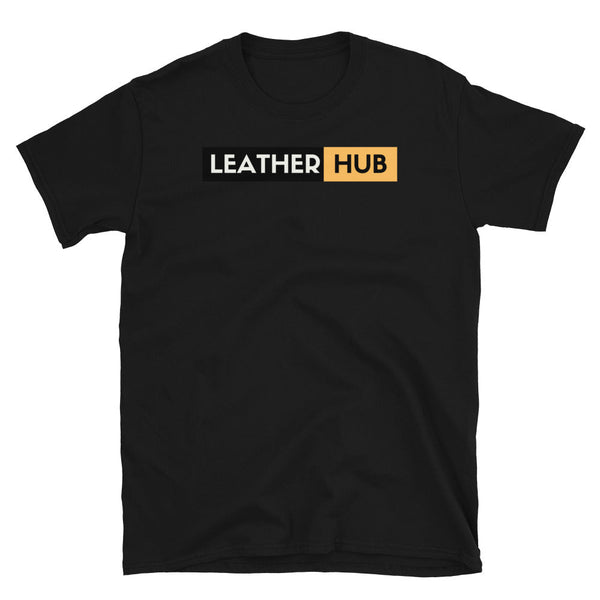 Black t-shirt with 'LEATHER HUB' graphic for gay pride apparel.
