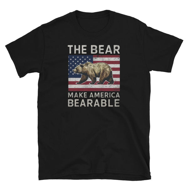 Black gay shirt featuring a bear and American flag with 'Make America Bearable' text.