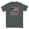 Gay shirt featuring bear graphic and 'Make America Bearable' text on Sport Grey background.