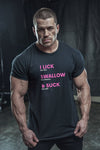 Model wearing a I Lick Suck & Swallow & Suck Tequila T-Shirt, showcasing a funny gay shirt design.