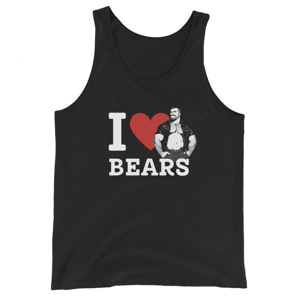 Black tank top featuring 'I Love (Heart) Bears Gay Tank Top' design with bear graphic.