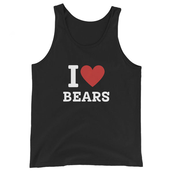 Black tank top featuring "I Love Bears" text, perfect gay pride apparel.