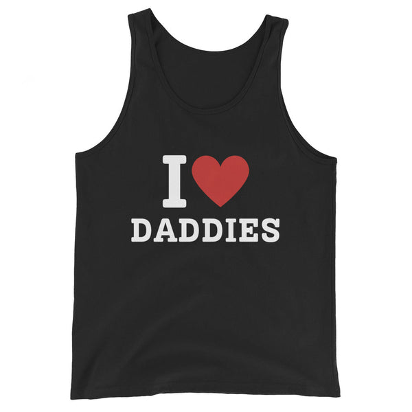 Black tank top featuring 'I Love (Heart) Daddies' design, ideal for pride apparel.