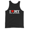 Black tank top featuring 'I Love My DILF Boyfriend' text, perfect gay pride apparel.