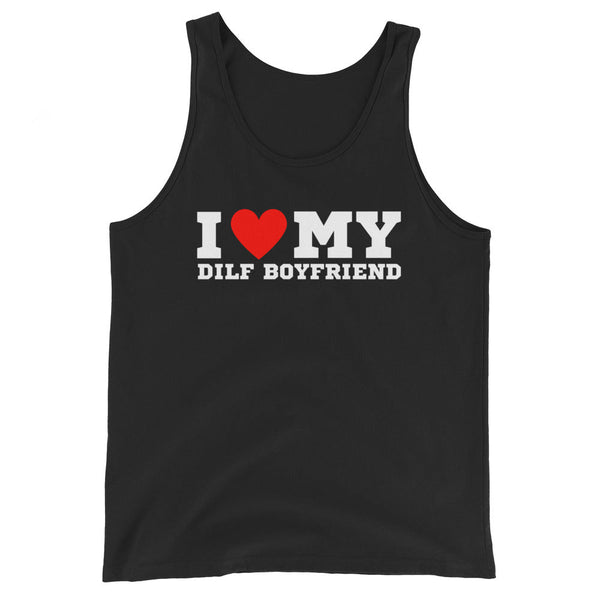 Black tank top featuring 'I Love My DILF Boyfriend' text, perfect gay pride apparel.