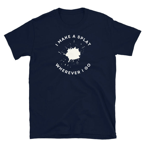 Navy funny gay shirt featuring splash graphic and text design.