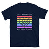 Unisex t-shirt with rainbow heart graphic saying 'I May Be Straight But I Don’t Hate'