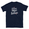 Dark t-shirt with "I Turn Mascs Into Bottoms" graphic; LGBTQ pride apparel.