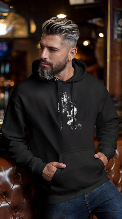 Hot Gay Hunk Biker Hoodie, Moustache Daddy Leather Jacket Gay Pride Vintage Biker Leather Harness Pride