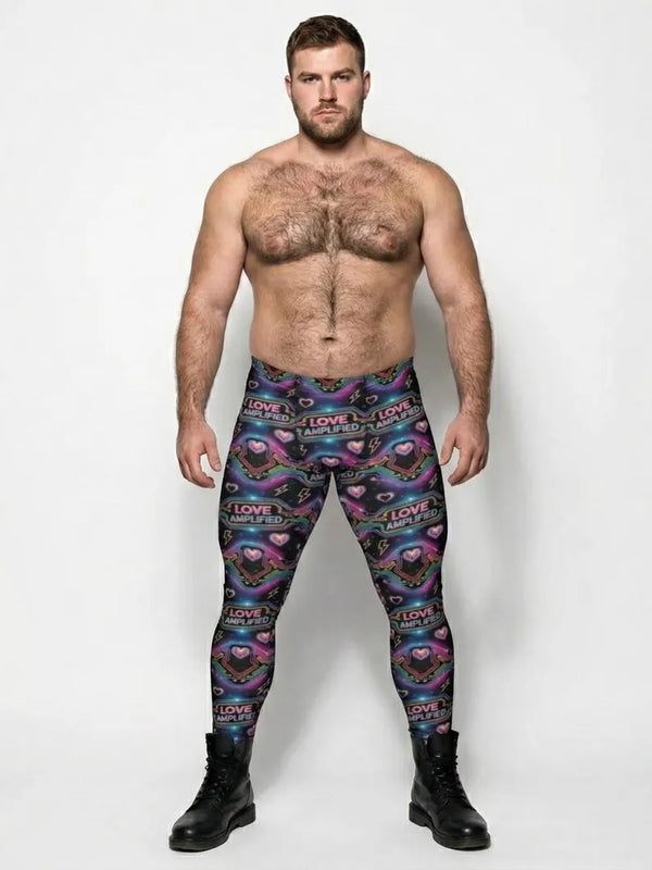 Man wearing colorful Pride Pulse Men’s Leggings – Rainbow Circuit Meggings, Gay Festival Pants, Neon Heart Activewear.