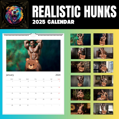 2025 Gay Calendar Gift - Realistic Daddy Bear Muscle Dilf Art Wall calendars - 12 Sexy Hunks