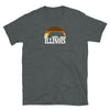 Grey t-shirt featuring Illinois graphic with rainbow colors, perfect for LGBTQ pride events.