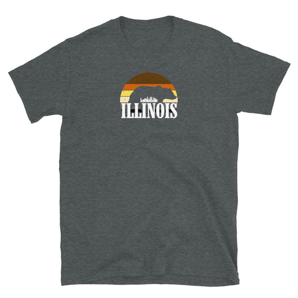 Grey t-shirt featuring Illinois graphic with rainbow colors, perfect for LGBTQ pride events.