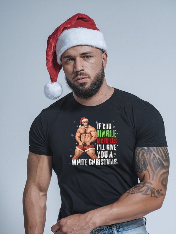 Model wears funny gay shirt featuring 'Jingle My Bells Daddy Santa Christmas' design.