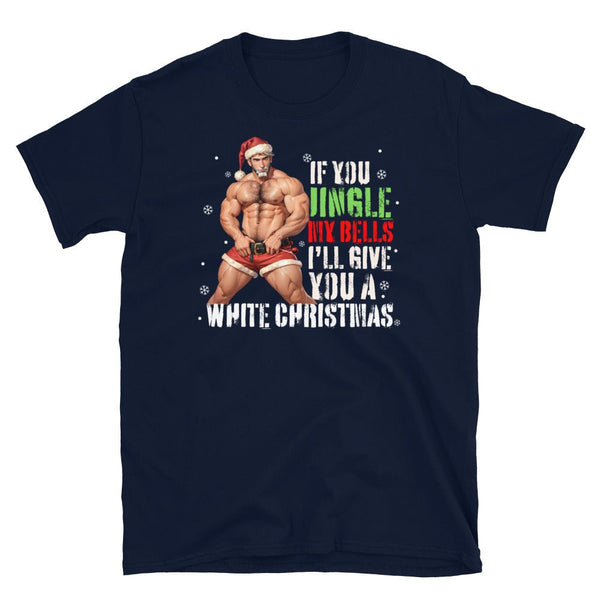 Funny gay shirt featuring a muscular Santa in festive colors, gay pride apparel.