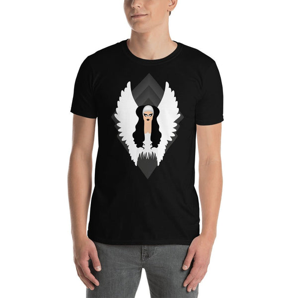 Kim Chi Angel - Rupauls Drag Race graphic tee worn by a model, black with wing design.