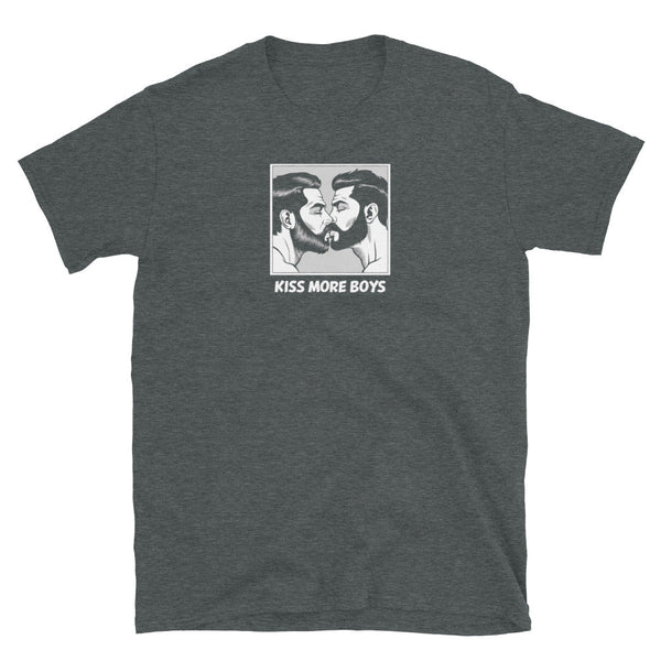 Gray t-shirt featuring graphic of two bearded men kissing, part of Kiss More Boys Pride Shirt.