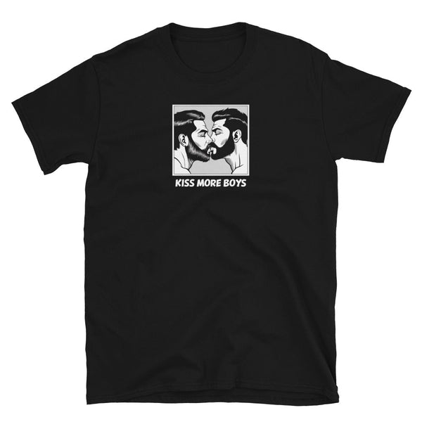 Gay shirt with graphic of two men kissing, Kiss More Boys Pride Shirt design.