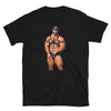 Muscular man in black tee featuring harness graphic, gay pride apparel design.