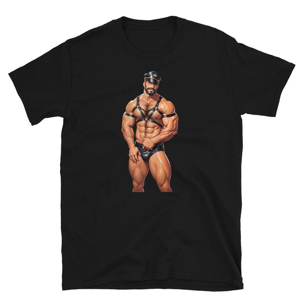 Muscular man in black tee featuring harness graphic, gay pride apparel design.