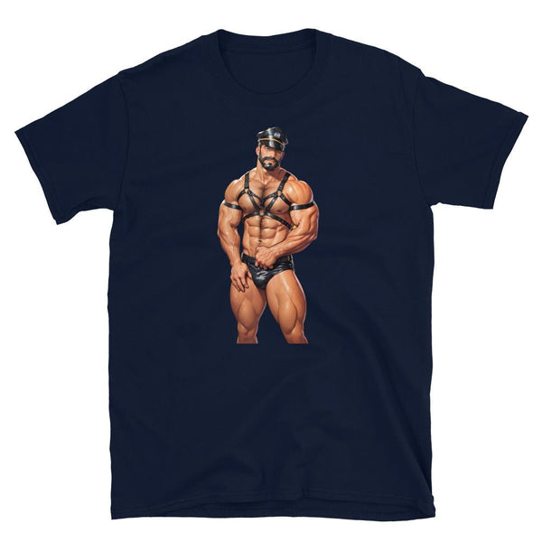Muscular man in leather harness on navy gay shirt, LGBTQ pride apparel.