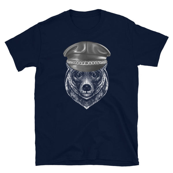 Leather Bear Pride T-Shirt featuring bear graphic and leather hat design, gay pride apparel.