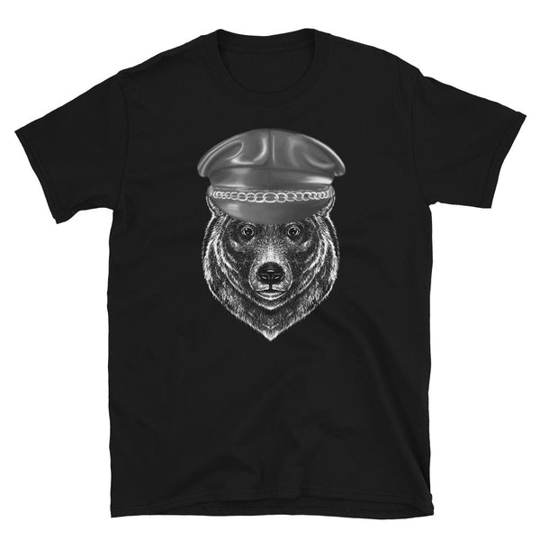Leather Bear Pride T-Shirt featuring bear graphic and leather cap design, perfect gay gift.