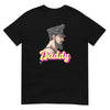 Men's t-shirt featuring a bearded man in a leather cap, ideal gay pride apparel.