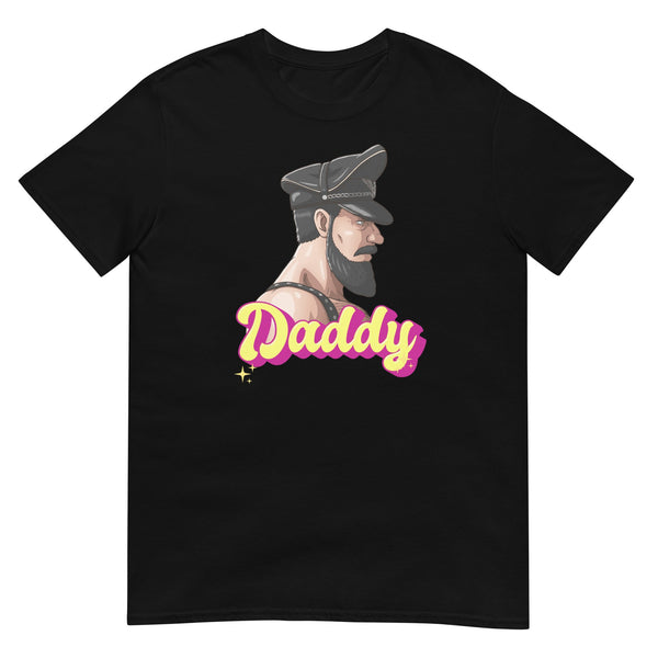 Men's t-shirt featuring a bearded man in a leather cap, ideal gay pride apparel.