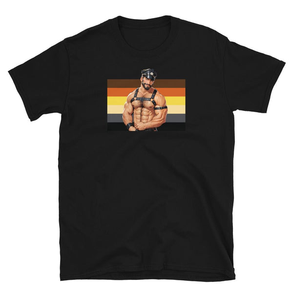 Black t-shirt featuring muscular man in harness with bear pride colors. Leather Daddy Gay Bear Pride LGBTQ Pride Leather Daddy Gay Pride / Bdsm / Leather.