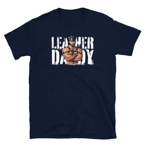 Black shirt featuring muscular man graphic with 'Leather Daddy' text, gay pride apparel.
