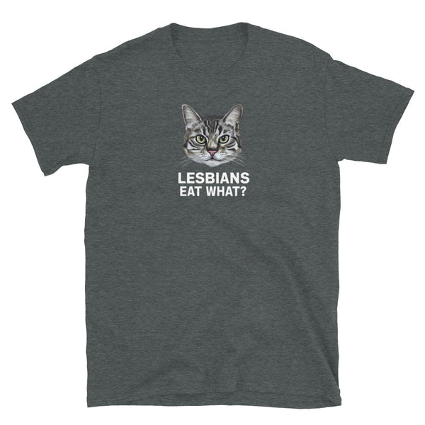 Funny gray t-shirt featuring a cat graphic and text: Lesbians Eat What Shirt Lesbian Couple Shirt, Lesbian Kitten tee.