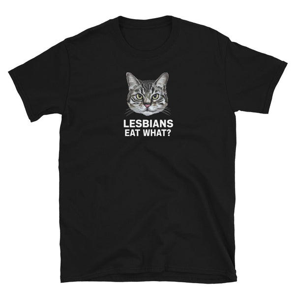 Lesbians Eat What Shirt Lesbian Couple Shirt, Lesbian Kitten tee on black t-shirt with cat graphic.