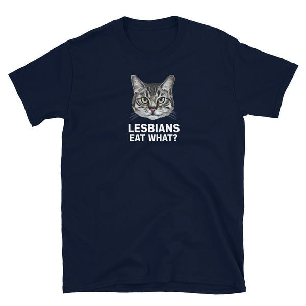 Lesbians Eat What Shirt Lesbian Couple Shirt with cat graphic on navy t-shirt.