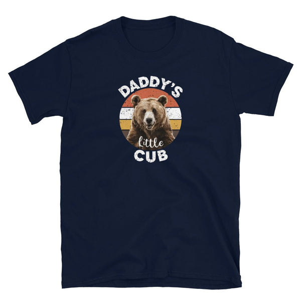 Navy blue shirt featuring a bear graphic and text 'Daddy's Little Cub' for LGBT Gay Men's T-Shirts Daddy Bear Pride.