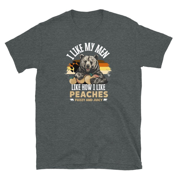 LGBT Gay Men's T-Shirts Daddy Bear Pride - Fuzzy & Juicy Peaches, dark grey shirt with bear graphic.