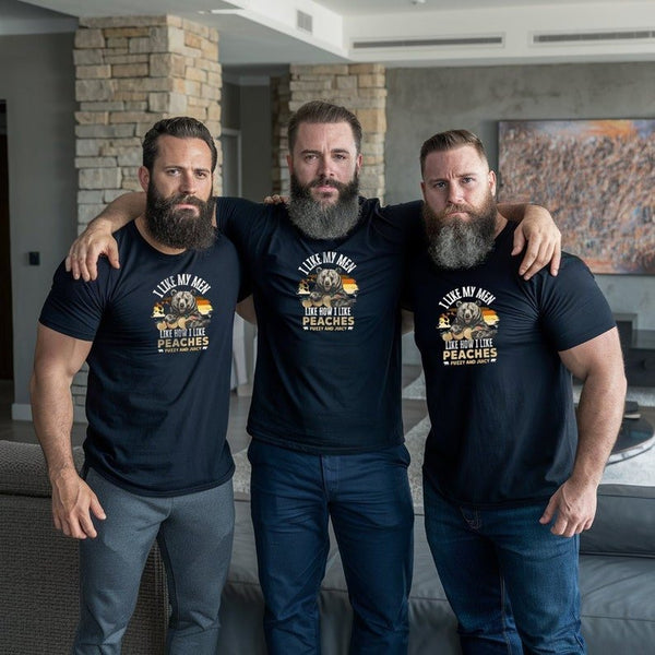 Three men in gay shirts showcasing LGBT Gay Men's T-Shirts Daddy Bear Pride - Fuzzy & Juicy Peaches.