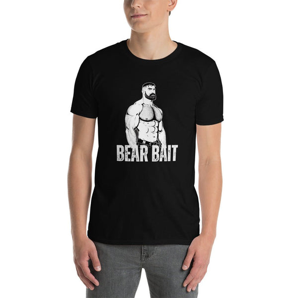 LGBT Gay Pride Bear Bait, Muscle Bear Shirt worn by model, black t-shirt, humorous gay shirt design.