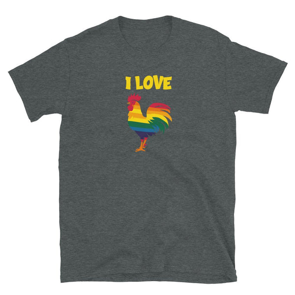 LGBT Unisex I Love Cock Pride Tee! Rainbow Rooster TShirt, LGBTQ Parade Tee, gay shirt in dark grey.