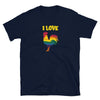 LGBT Unisex I Love Cock Pride Tee! Rainbow Rooster TShirt on navy background.