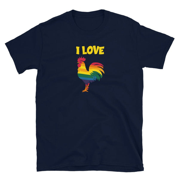LGBT Unisex I Love Cock Pride Tee! Rainbow Rooster TShirt on navy background.